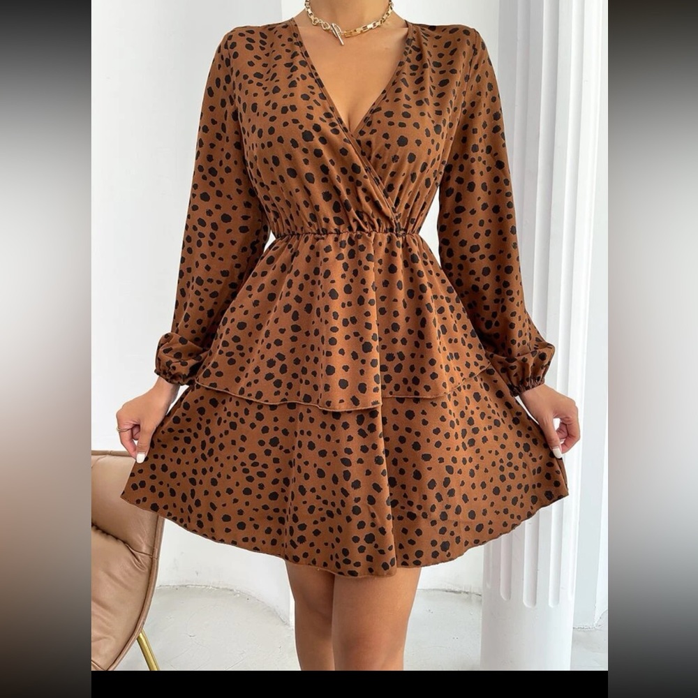 SHEIN all over print neck tiered layer long sleeve dress